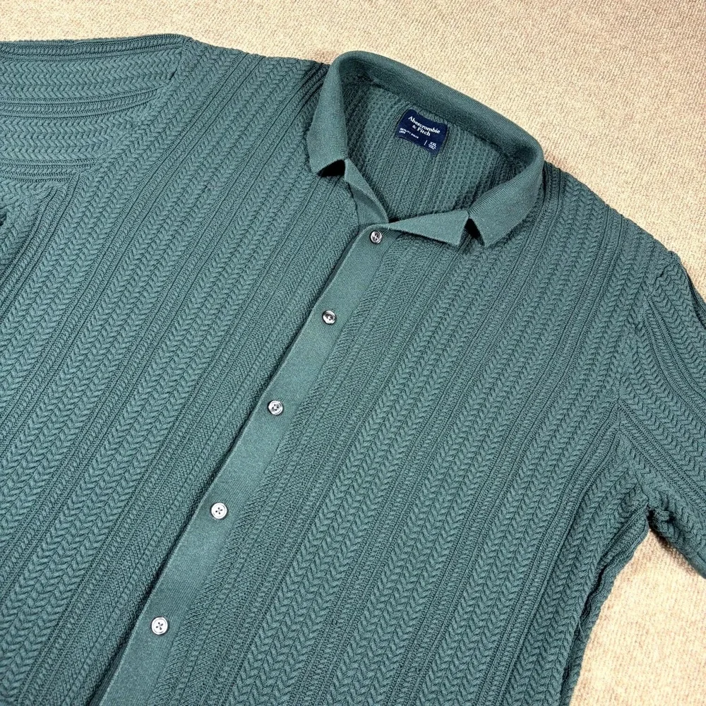 Abercrombie & Fitch Polo Sweater Mens 2XL Green Knitted Textured Button Front